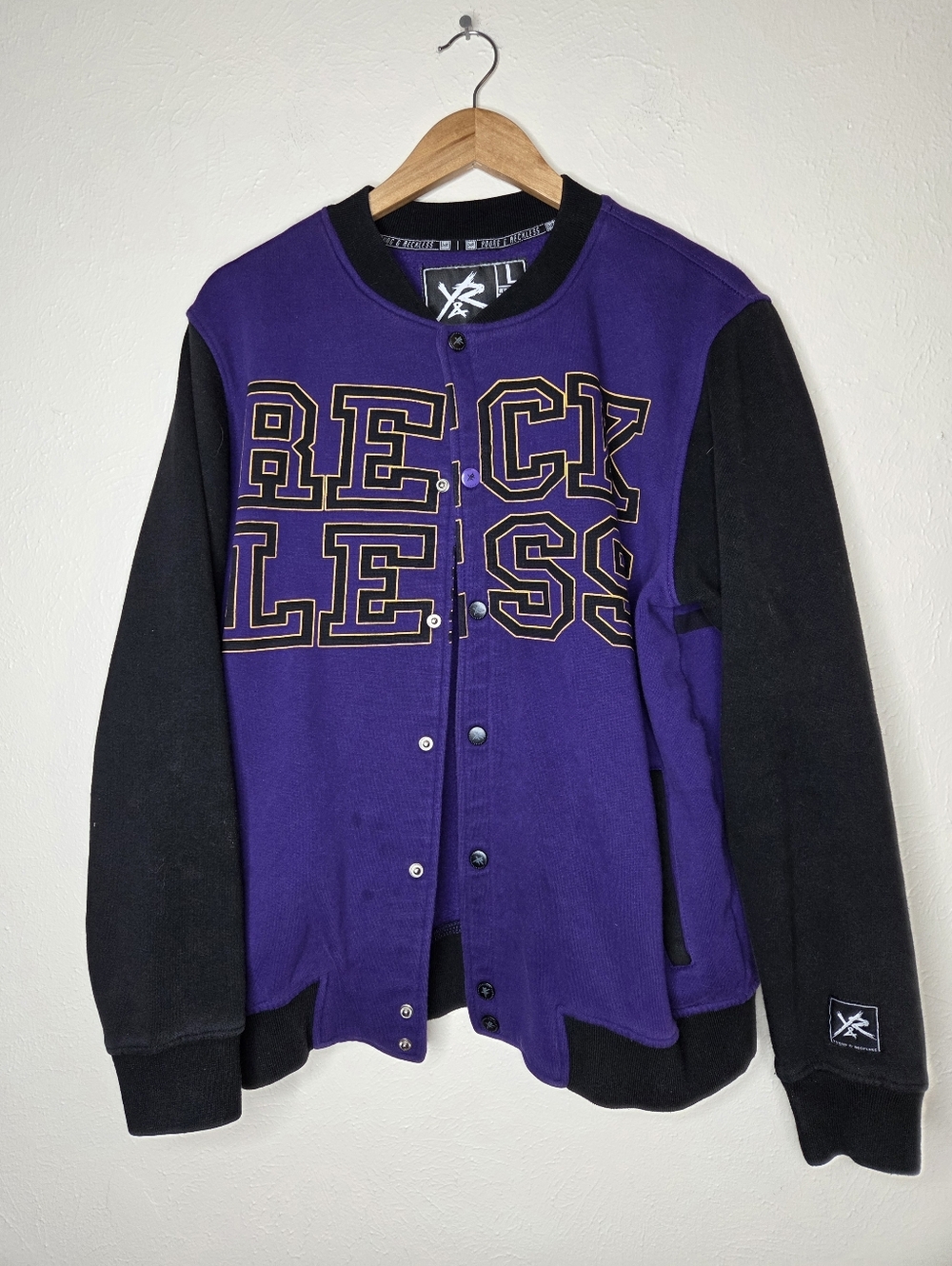 Young & Reckless Purple Black Varsity Jacket Graphic Snap Front Streetwear Large